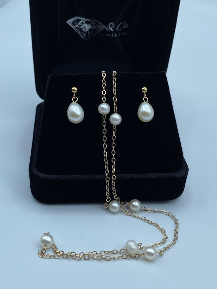 10K Pearl Earrings and Station Necklace
