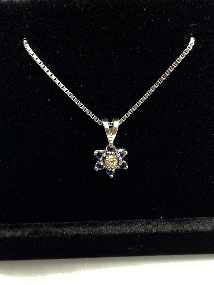14K Diamonds & Blue Sapphire Flower Necklace
