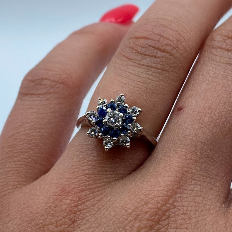 Blue Sapphire and Diamond Flower Ring