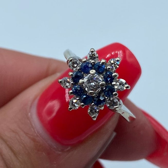 Blue Sapphire and Diamond Flower Ring
