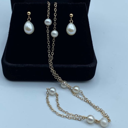 10K Pearl Earrings and Station Necklace